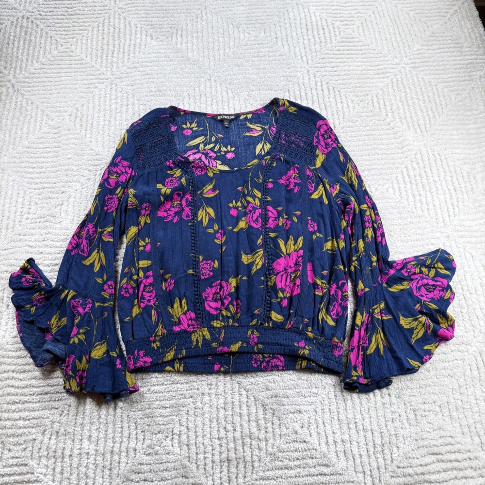 Express Floral Blouse Womens M Navy Bell Sleeve Boho Top Romantic Cottage Fairy